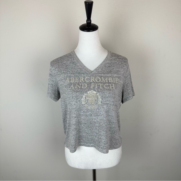 Abercrombie & Fitch Women’s Gray V-Neck Short Sleeve Logo Crop Top Size L - Picture 1 of 6